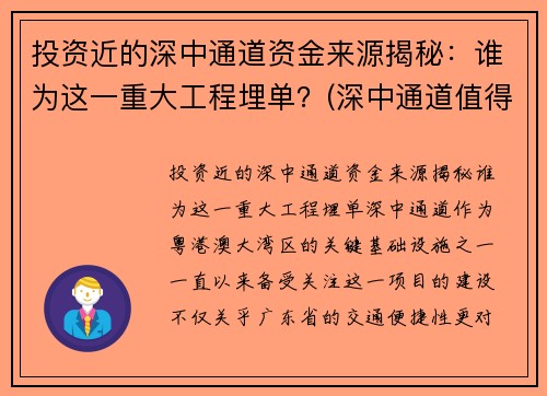 投资近的深中通道资金来源揭秘：谁为这一重大工程埋单？(深中通道值得投资吗)