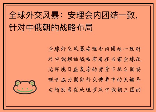 全球外交风暴：安理会内团结一致，针对中俄朝的战略布局
