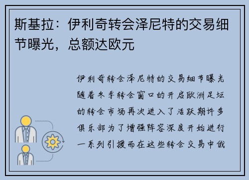 斯基拉：伊利奇转会泽尼特的交易细节曝光，总额达欧元